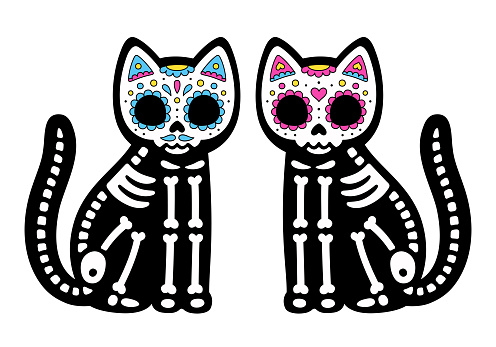 Two cute cartoon black cats with Mexican painted skulls. Male and female skeleton couple. Dia de los Muertos (Day of the Dead) drawing, vector illustration.