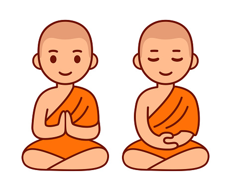 Buddhist monk in orange robes sitting in meditation. Cute cartoon theravada monk meditating vector illustration.