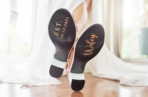 Shoes, wifey and woman feet in wedding brand for marriage, advertising and marketing wife footwear. Shoe print of a married female in support love for couple goals, symbol or romantic gesture or gift