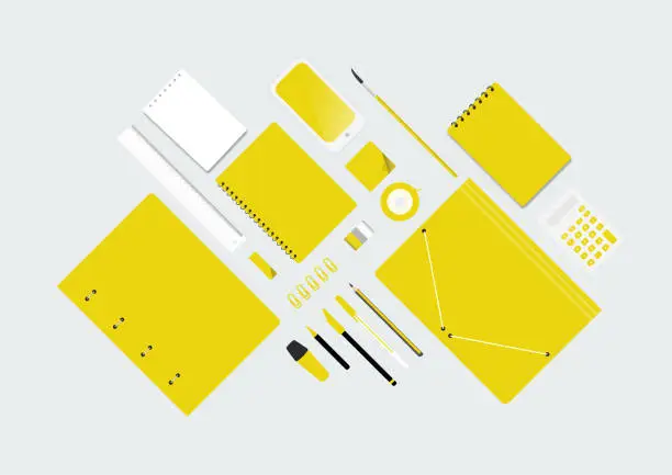 Vector illustration of Phone, rule, cello, clips, post-its, carpet, folder, ring folder, notebook, pens, rubber and sheets