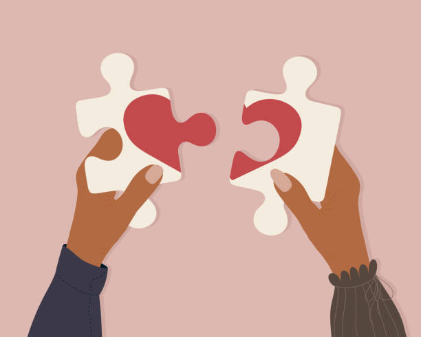 The concept of social charity, healthcare and relationships. Man and woman insert small pieces of puzle into heart shaped puzzle. Concept of understanding. Young couple builds their realtionships. Concept. Vector flat cartoon illustration. Valentines day poster 2 hearts stock illustrations