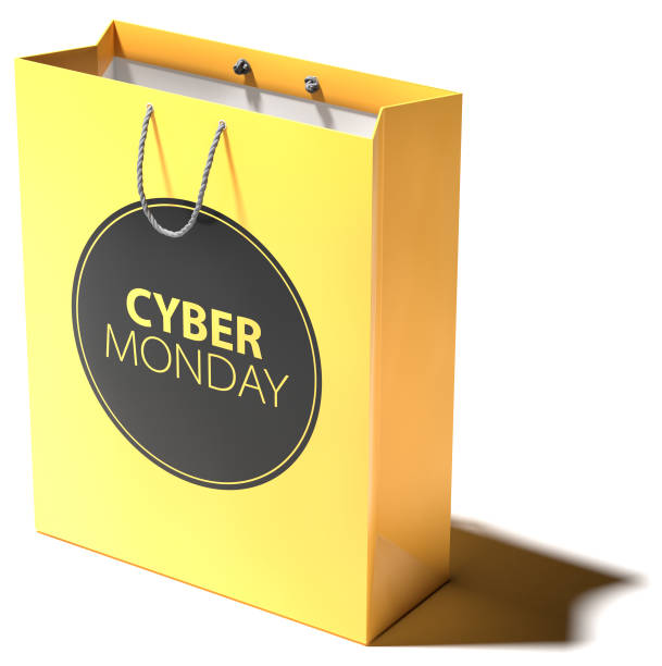 istock Cyber Monday Concept: Cyber Monday text on a yellow shopping bag. Isolated on white with shadow. 1431976790