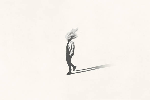 ilustraciones, imágenes clip art, dibujos animados e iconos de stock de ilustración de hombre blanco y negro con cabeza en la nube caminando, concepto minimalista surrealista - solitude