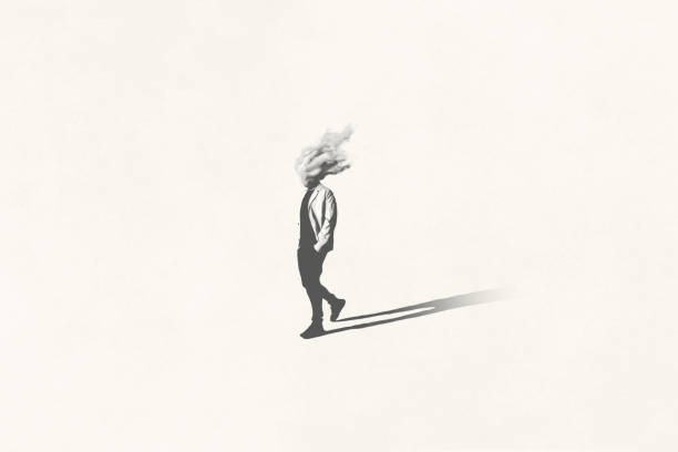 Illustration of black and white man with head in the cloud walking, surreal minimal concept vector art illustration