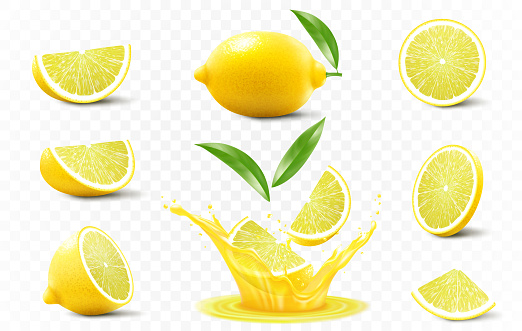 Set of ripe lemon. A whole , half and slices of lemon fall into fresh juice. Realistic 3d vector illustration, Isolated on transparent background.