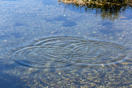 Round droplets of water over circles on the pool water. Water drop, whirl and splash. Ripples on sea texture pattern background. Desktop / laptop wallpaper. Closeup water rings affect the surface.