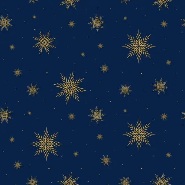 Vector illustration of Gold snowflakes. Seamless pattern with snowflakes and stars on a blue background. Christmas Pattern for gifts.