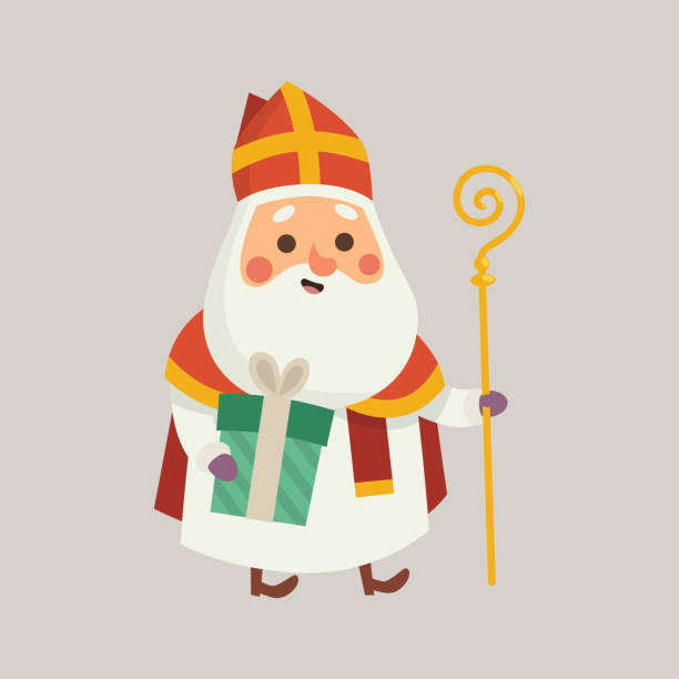 illustrazioni stock, clip art, cartoni animati e icone di tendenza di carino san nicola sinterklaas con regalo - illustrazione vettoriale in stile cartone animato - santa claus christmas cartoon traditional culture