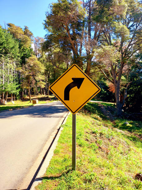 istock Informative yellow traffic signal with a black arrow indicating a curve. Vertical indication signs. Concept of circulation and Transportation. 1431980793