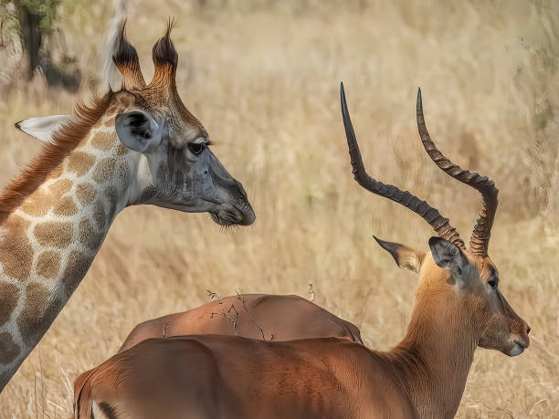 Giraffe and impala resting side by side stock photo