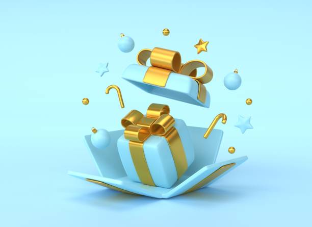 istock 3d blue open gift box with small gifts inside and Christmas decorations. Merry Christmas and Happy New Year. elements for banner and flyer design.3d rendering 1431981681