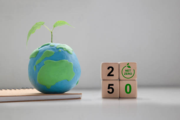istock Net zero by 2050. Net zero greenhouse gas emissions target. Climate neutral long term strategy. Earth planet with 2050 objective for climate, the wooden cubes with green net zero icon. 1431981747
