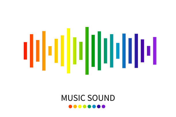 illustrazioni stock, clip art, cartoni animati e icone di tendenza di onda sonora colorata arcobaleno su sfondo bianco. simbolo del segnale audio musicale. icona del battito del lettore di impulsi musicali. illustrazione vettoriale in flat design. - spectrum rainbow backgrounds disco