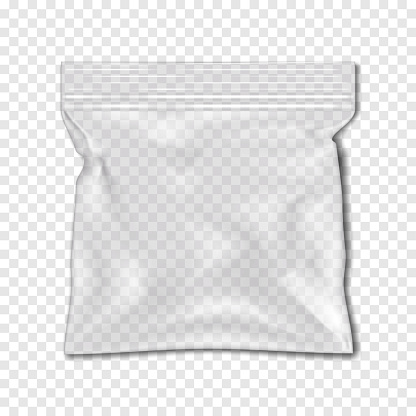 Clear square resealable plastic bag with zip lock on transparent background realistic vector mock-up. Empty zipper PVC vinyl package mockup