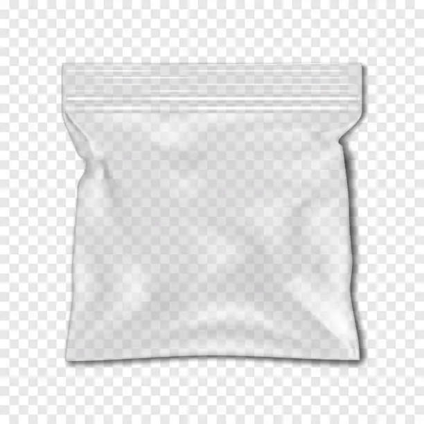 Vector illustration of Clear square resealable plastic bag with zip lock on transparent background realistic vector mock-up. Empty zipper PVC vinyl package mockup