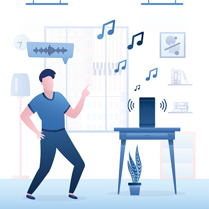 Male user listening music column and dancing. Voice assistant, part of smart home. Access for online playing music and audio files. Wireless technology. Acoustic system. Handsome dancer. Home party.