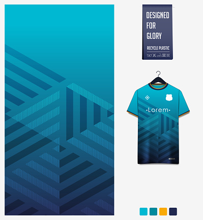 Soccer jersey pattern design. Geometric pattern on blue background for soccer kit, football kit, bicycle, e-sport, basketball, t shirt mockup template. Fabric pattern. Abstract background. Vector Illustration.