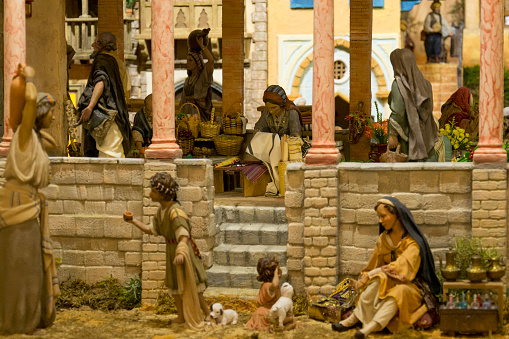 Figures in Bethlehem at Christmas, December.