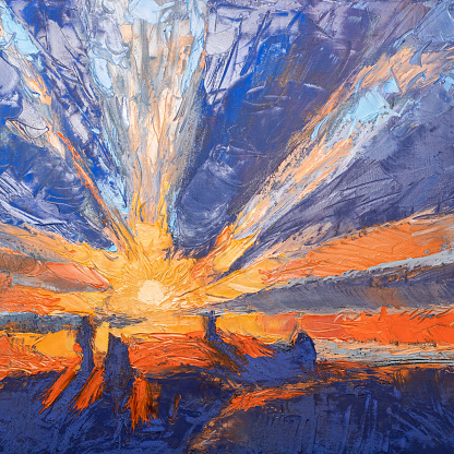 Sunset, oil painting with spatula on canvas. Conceptual abstract picture of a beautiful Sunset landscape.