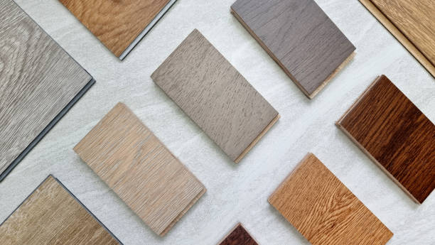 istock samples of interior wooden flooring material consists oak, walnut, ash, douglasfir engineering (or laminate) flooring, ash and oak vinyl tile. top view of selected material board for selection. 1431986074