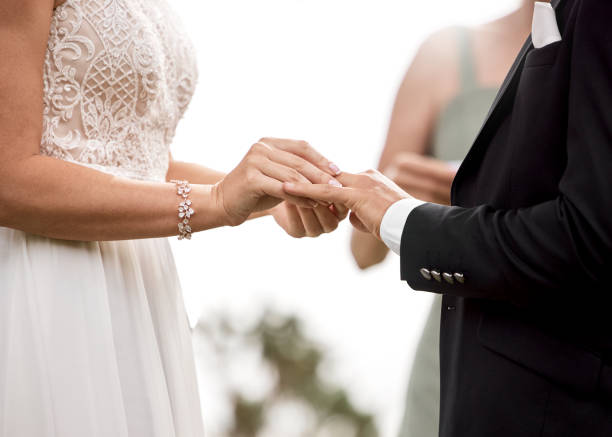 istock Wedding ring, couple commitment and hands during love event, start of bride and groom marriage and celebration together at reception. Man and woman in happy and trust union at ceremony in nature 1431986699