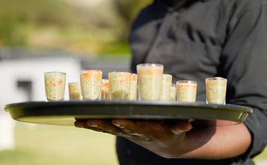 Hands of waiter, tray and food at event with appetizers, canape or starter meal. Catering service, hospitality and luxury buffet outdoors party, feast or attendant server serving delicious snacks.