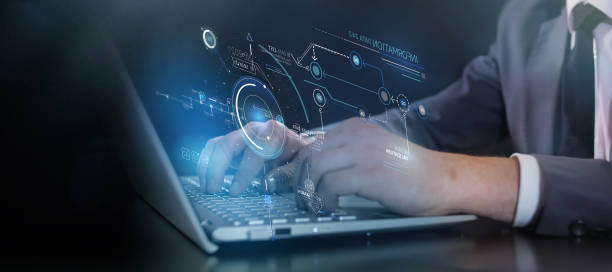 istock Businessman working with laptop and abstract infographic data. 1431987591