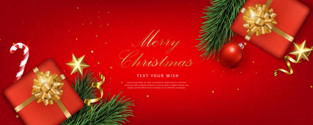 istock Merry Christmas composition 3D realistic pine fir tree branches gift box with golden ribbon candy cane and decoration ball star ornaments 1431988195