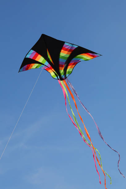 istock black kite with multicolored rainbow stripes flies high in the blue sky tied to a string 1431992442
