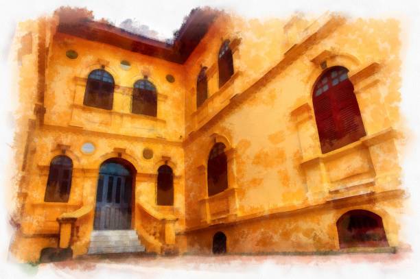istock The ancient yellow building colonial architecture There are beautiful decorative stucco components, doors and windows watercolor style illustration impressionist painting. 1431993460