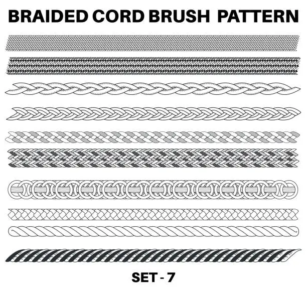 Vector illustration of Seamless Braided cord pattern brushes flat sketch vector illustration, Set of Braided Rope cable, Drawstring cord , Drawcord and thread Brush set