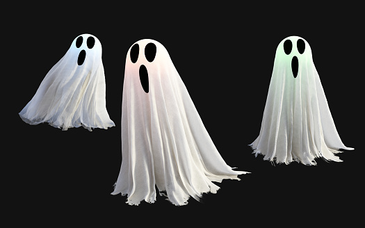 3d Illustration of White Ghost on Black Background with Clipping Path. Holiday Concept with Happy Halloween