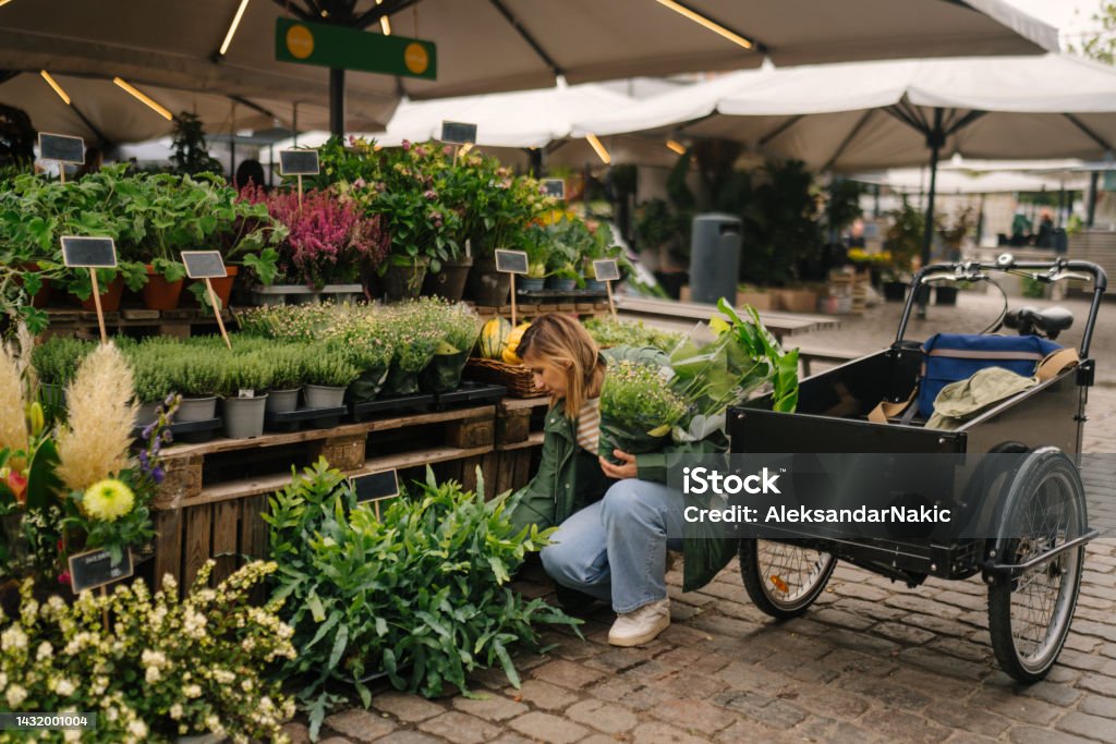 Buying houseplants Photo of a young woman buying different kinds of houseplants at a local market, and loading them into her cargo bike. Cargo Bike Stock Photo