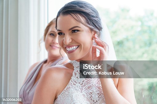 istock Happy, bride and face for wedding beauty in excited smile for dress, happiness and marriage. Beautiful bridal woman smiling with teeth in joy and excited facial expression ready to get married 1432006203
