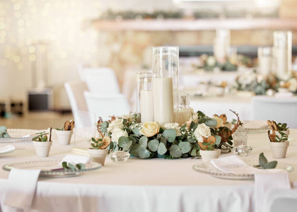istock Wedding reception, table setting and celebration event with flower arrangement, decor and catering for a romantic setting. Party, luxury restaurant or fancy place with cutlery and tableware 1432006923
