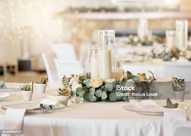 Wedding Reception Table Setting And Celebration Event With Flower Arrangement Decor And Catering For A Romantic Setting Party Luxury Restaurant Or Fancy Place With Cutlery And Tableware Stock Photo - Download Image Now