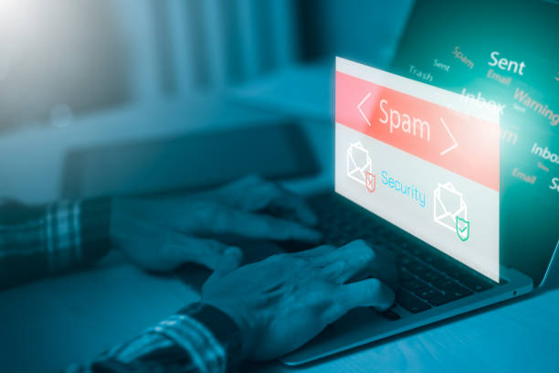 istock Email concept with laptop spam and virus computer monitor internet security concept, businessman reading electronic mail with a laptop. Spam, junk and e-marketing on screen, Spam Email Pop-up Warning. 1432006941