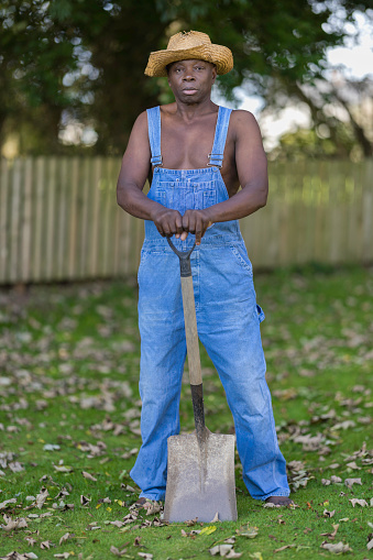 Black worker wearing dungarees posing awkwardly with a shovel.