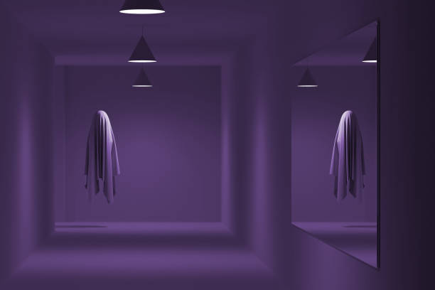 White ghost spirit floating in purple corridor and reflecting in mirror. 3D Rendering, illustration. Halloween holiday concept. stock photo