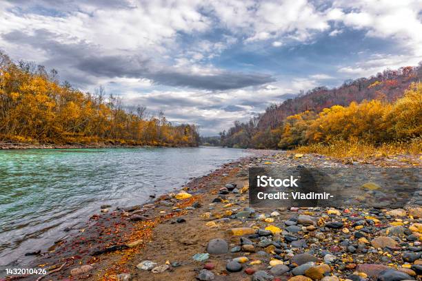 Autumn Landscape Of A Mountain River With Banks Covered With Forest Stock Photo - Download Image Now