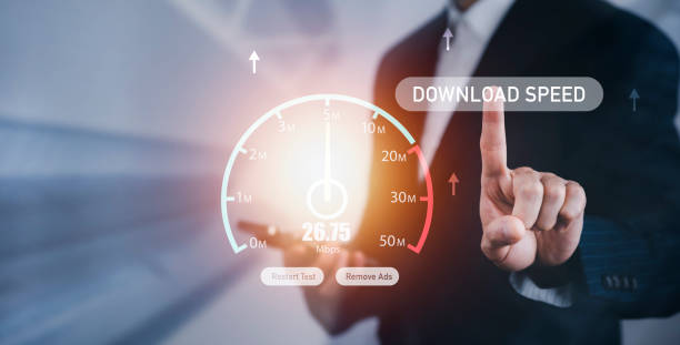 istock Businessman touch Fast internet connection with download speed concept, Hand holding smartphone and Virtual screen of Internet speed measurement,Internet and technology concept, 5G Hi speed internet. 1432010611