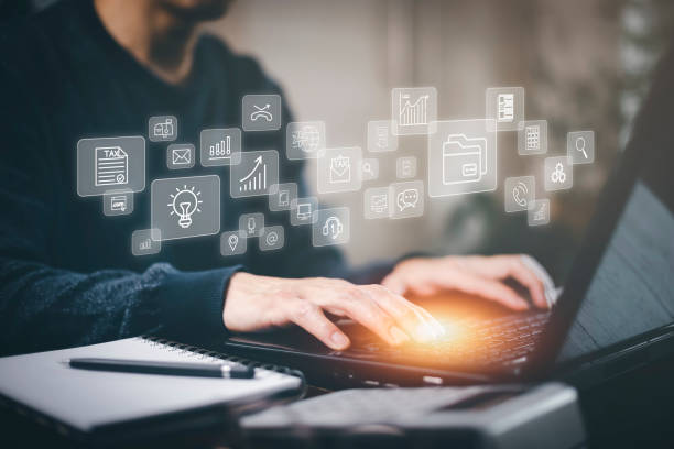 istock Man type tablet and graph Screen Icon of a media screen, Technology Process System Business with Communication and marketing concept, big data, HR Human, Business success,Document folder icon of data. 1432010615