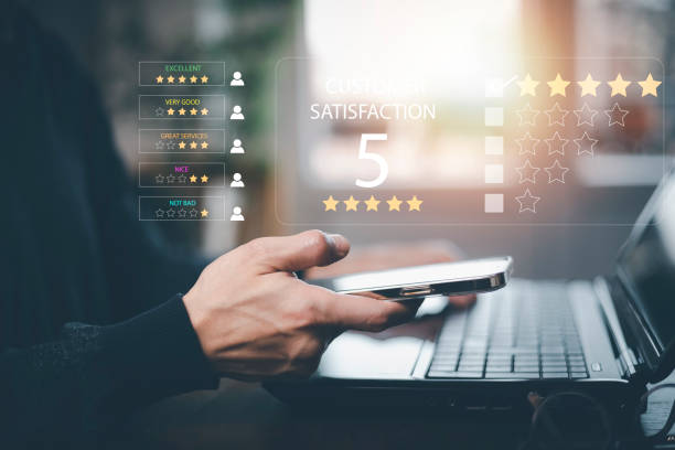 istock Man touch smartphone with Customer review satisfaction feedback survey concept, User give rating to service experience on online application, service leading to reputation ranking of business. 1432010671