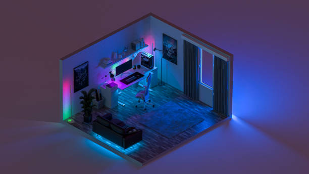 istock Isometric view of creative office by night. Colored led lights. 1432011885