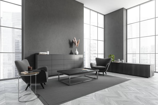 istock Corner view on dark living room interior with grey wall 1432012196