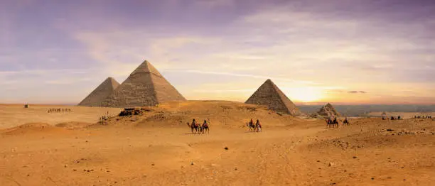 The sun sets over the pyramids of Giza, the camel caravan passes
