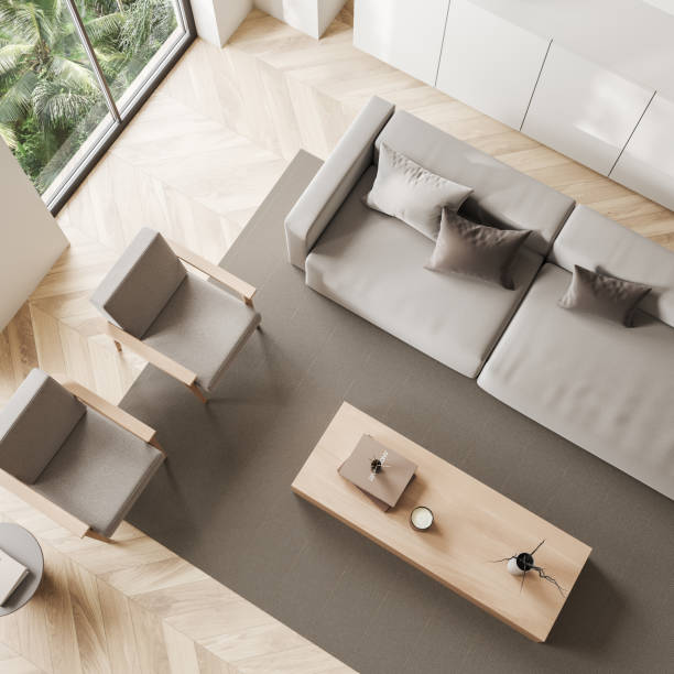 istock Top view of light relax room interior with couch and seats, window 1432013018