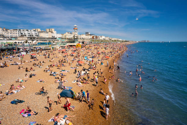 Brighton seaside resort beach and Brighton Pier in a summer sunny blue sky day with tourists in UK Brighton seaside resort beach and Brighton Palace Pier in a summer sunny blue sky day with tourists in UK, Great Britain, England in East Sussex 47 miles south London, called as "the happiest place to live in the UK", also a LGTBIQ+ popular destination landmark brighton england stock pictures, royalty-free photos & images