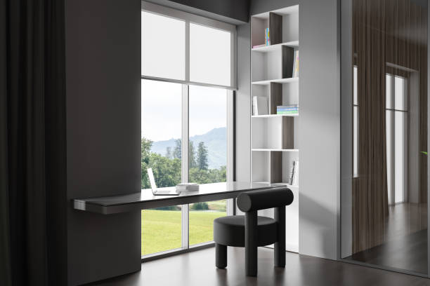 istock Grey living room interior with work zone and shelf, panoramic window 1432013141