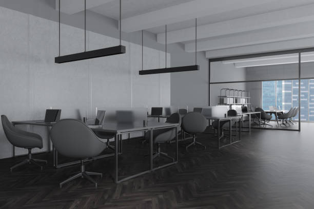 istock Grey business interior with coworking and meeting area, panoramic window 1432013159